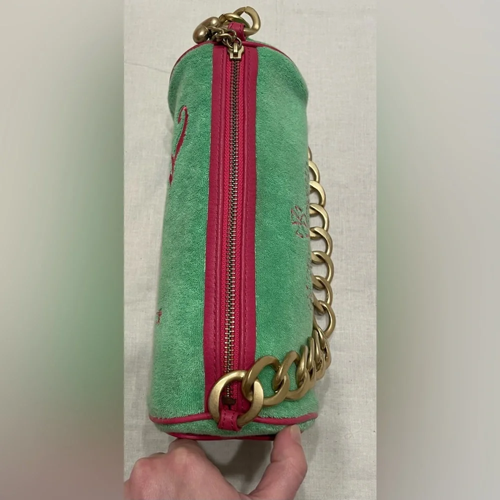 ICONIC JUICY Couture Y2K Vintage Hot Pink Green Princess Crown Heart Barrel Bag - Picture 5 of 12